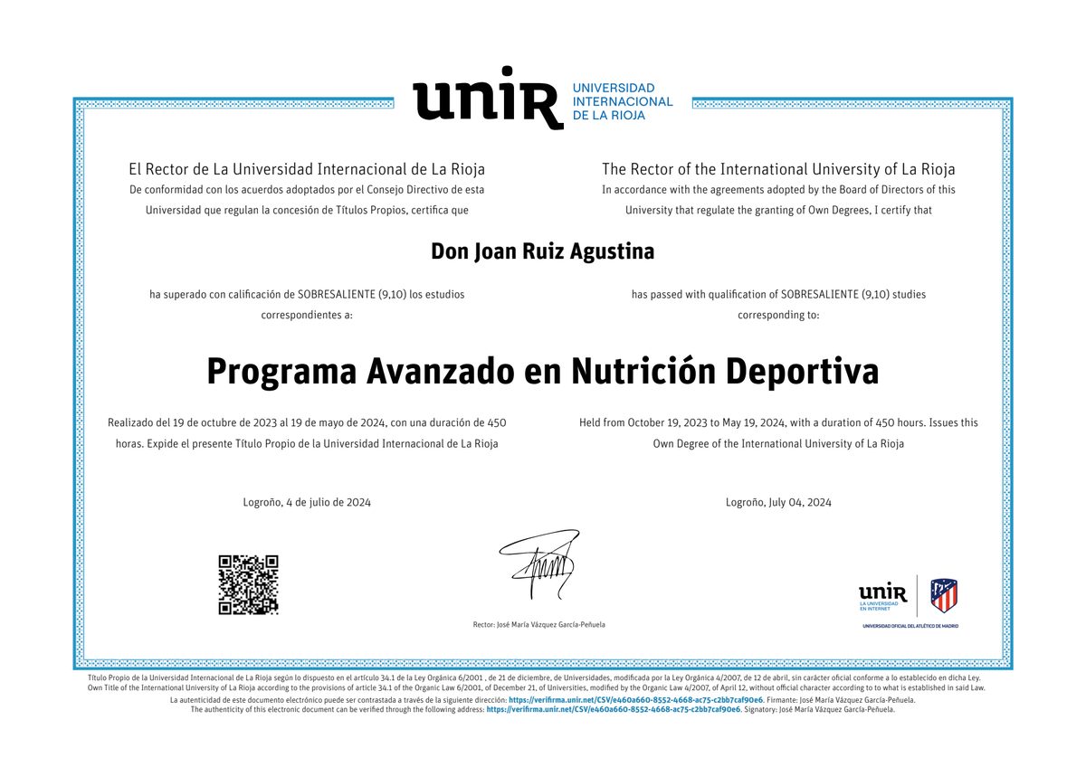 Diploma del Programa Avanzado en Nutrición Deportiva de UNIR